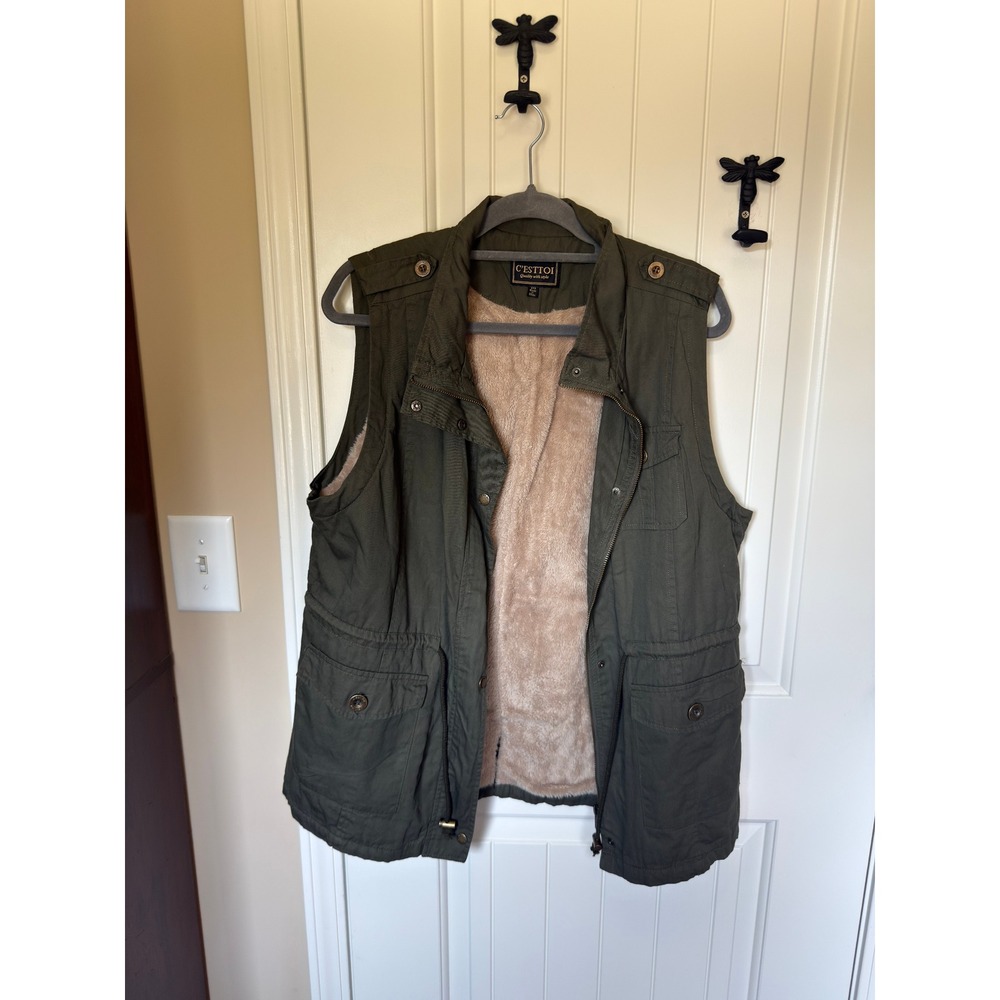 C'ESTTOI Olive Green Faux Fur Lined Utility Vest 2XL GV81087